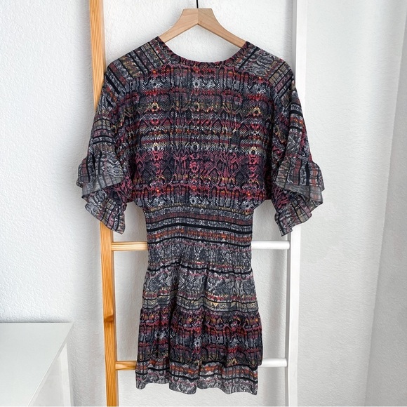 IRO Tulsa Printed Silk Tiered Mini Dress Snake Print Smocked Ruffle - Picture 4 of 11